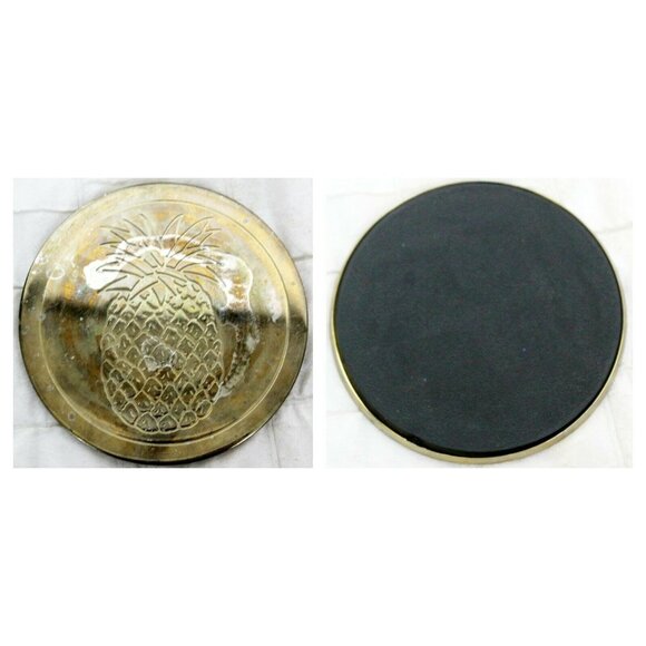 Set of 6 VTG Pineapple Etched Drink Coasters & Stand Gold Metal Barware Table - Picture 8 of 9